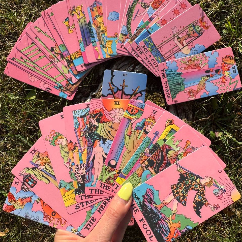 Pink Tarot Deck with Amethyst Crystal & Velvet Pouch - Portable Witchy Gift