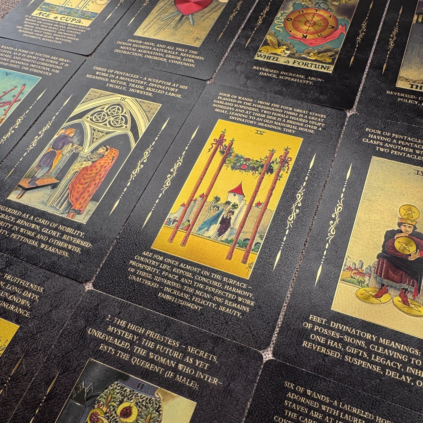 Luxury Black Gold Tarot Cards – Rider Waite Smith Original Artwork with Meanings on Cards