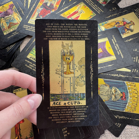 Luxury Black Gold Tarot Cards – Rider Waite Smith Original Artwork with Meanings on Cards