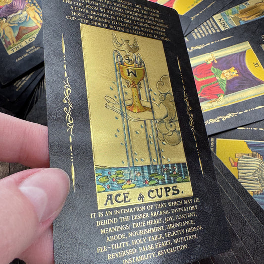 Luxury Black Gold Tarot Cards – Rider Waite Smith Original Artwork with Meanings on Cards