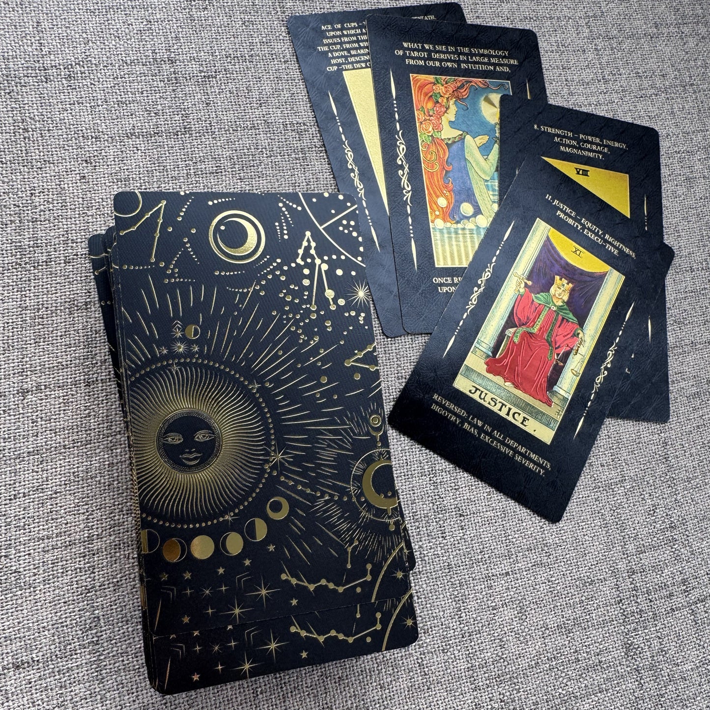 Luxury Black Gold Tarot Cards – Rider Waite Smith Original Artwork with Meanings on Cards